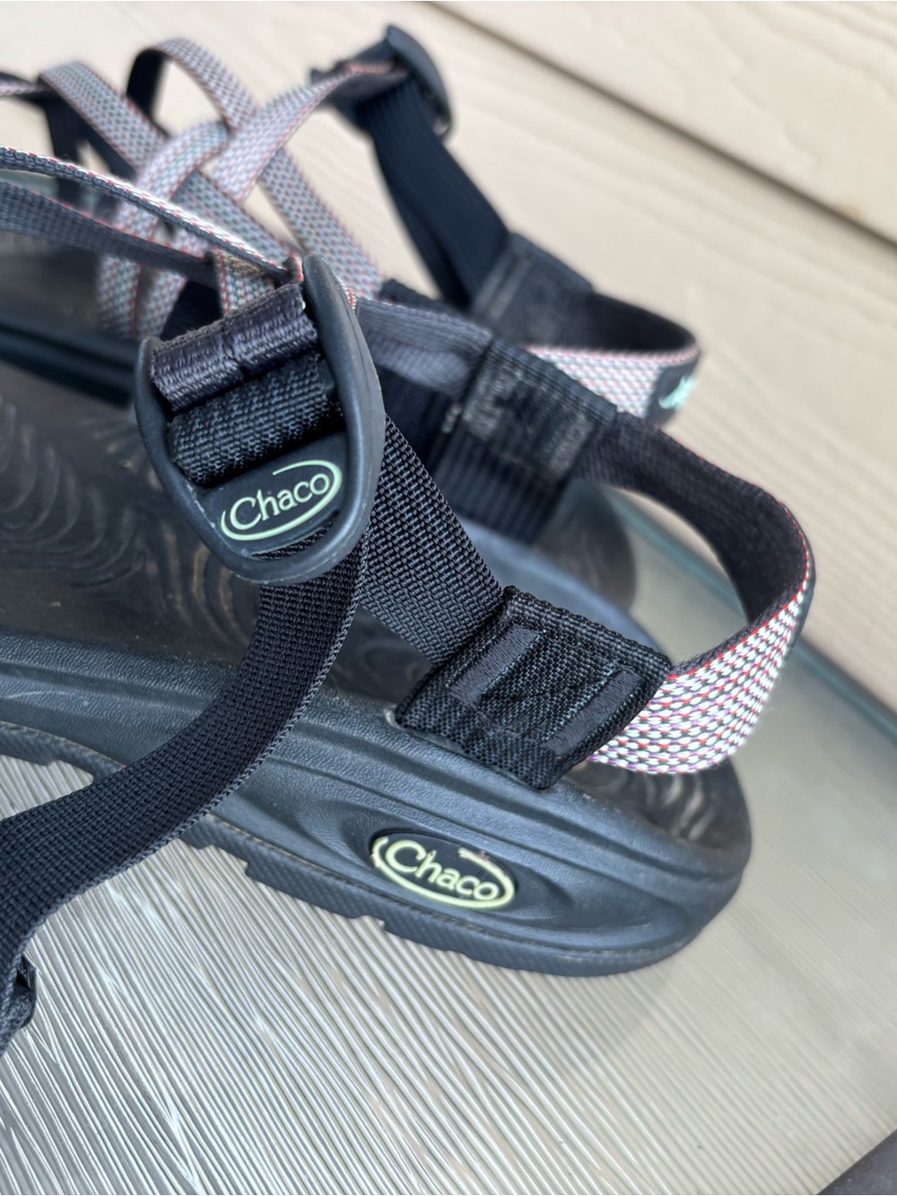 Chaco Women's Black Footbed Sandals with Taupe-Patterned Straps - Picture 4 of 7